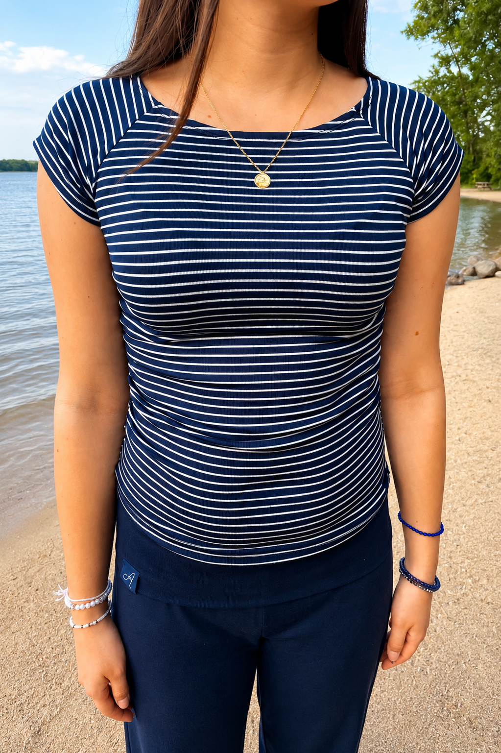 Navy Striped Off-Shoulder Ruched Top | Soft Stretch Cotton |