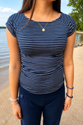 Navy Striped Off-Shoulder Ruched Top | Soft Stretch Cotton |