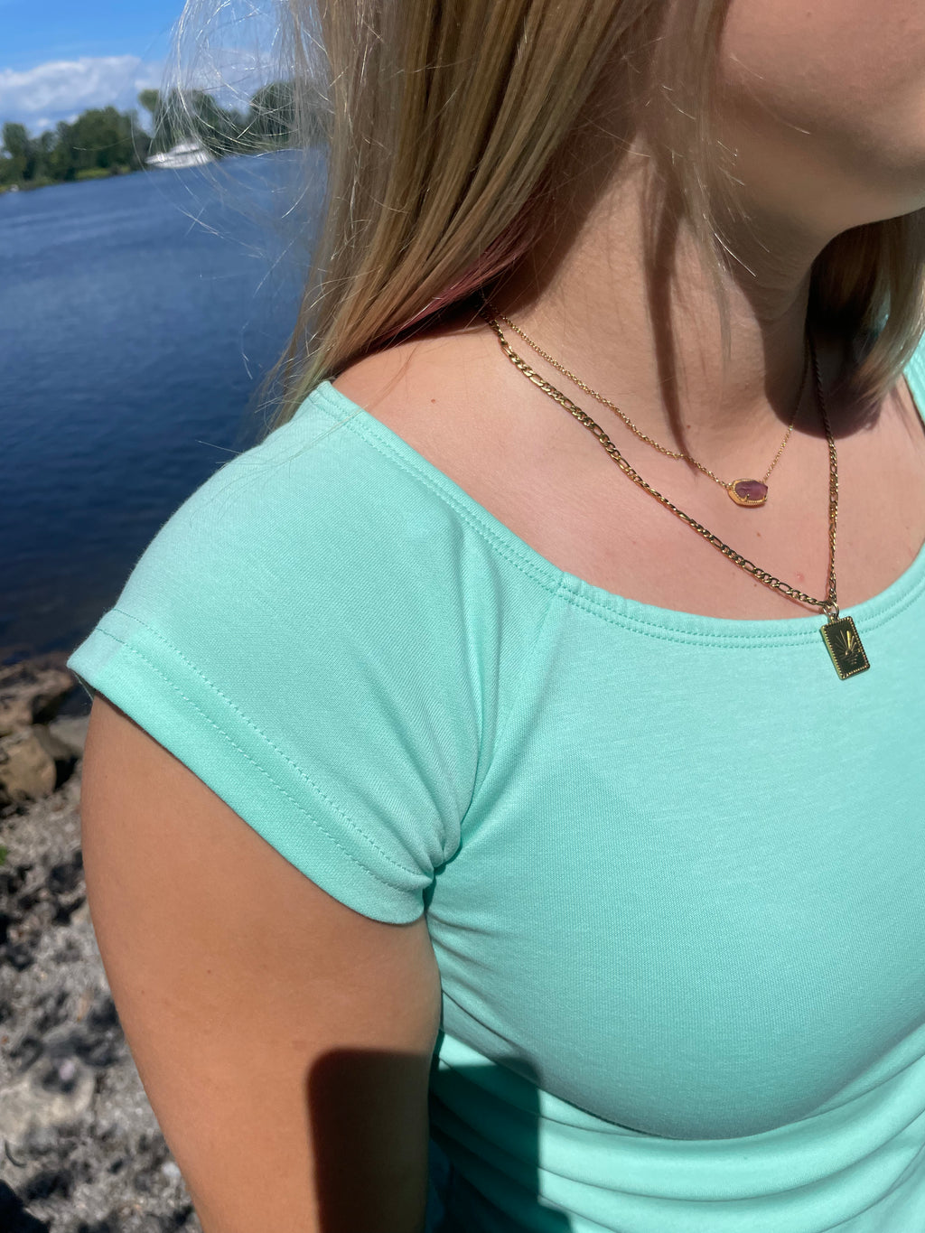 Teal Striped Off-Shoulder Ruched Top | Soft Stretch Cotton |