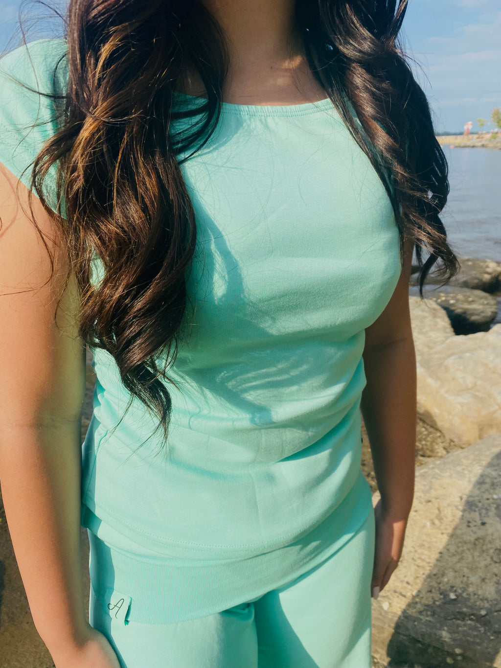 Teal Striped Off-Shoulder Ruched Top | Soft Stretch Cotton |