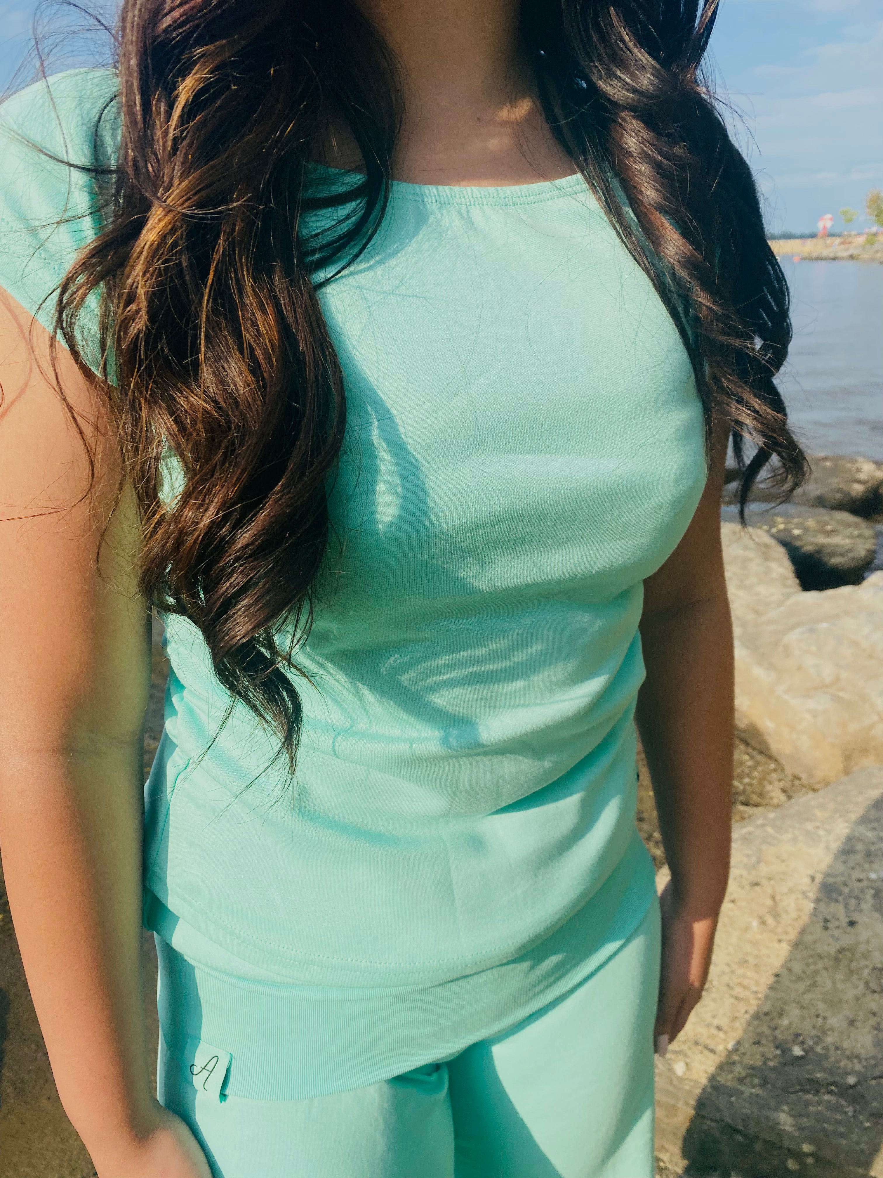 Teal Striped Off-Shoulder Ruched Top | Soft Stretch Cotton |